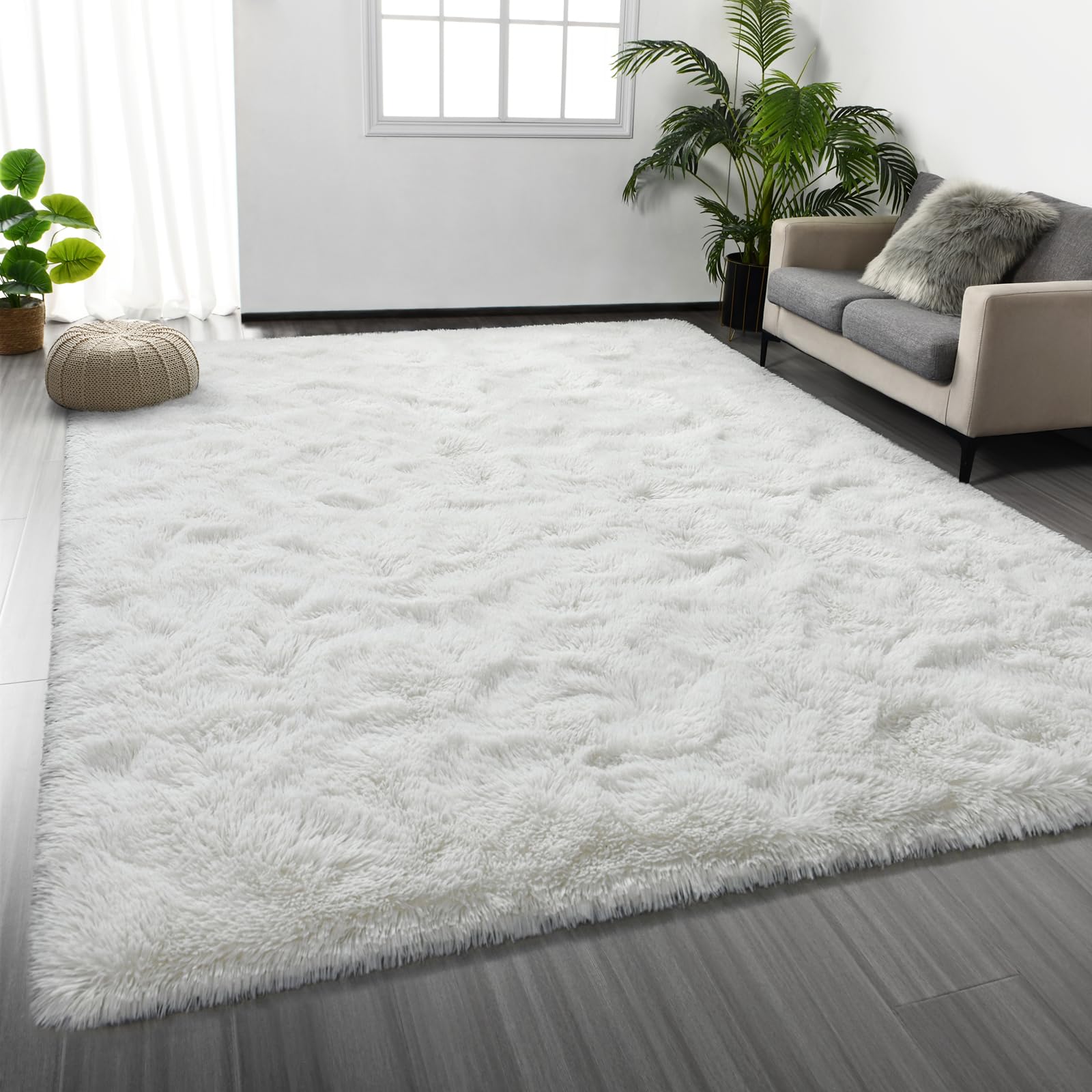 Large Shag Area Rugs 6 x 9, Tie-Dyed Plush Fuzzy Rug for Living Room, Ultra Soft Fluffy Furry Rugs for Bedroom, Indoor Carpet Nursery Rugs for Kids Room Home Decor, Light Grey