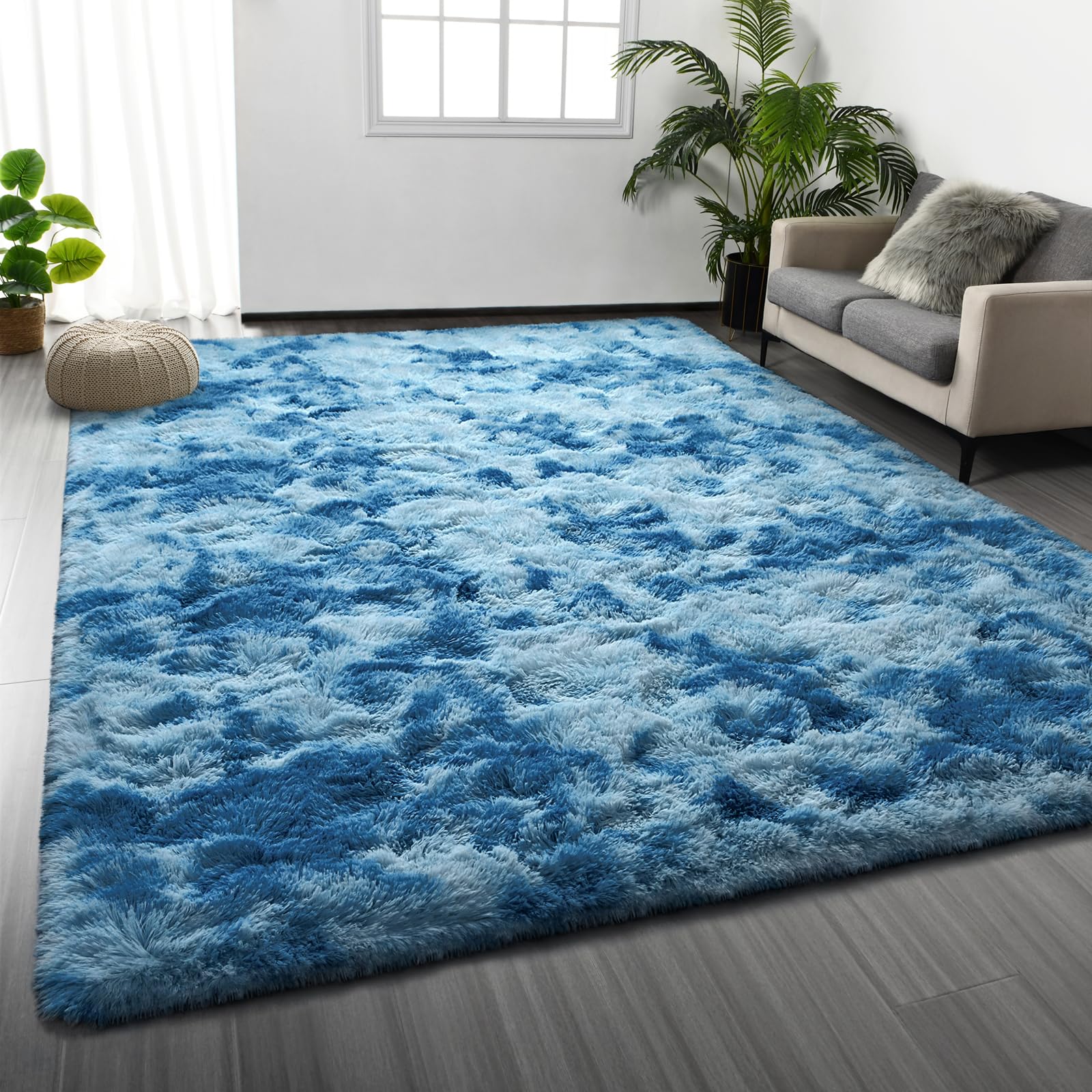 Large Shag Area Rugs 6 x 9, Tie-Dyed Plush Fuzzy Rug for Living Room, Ultra Soft Fluffy Furry Rugs for Bedroom, Indoor Carpet Nursery Rugs for Kids Room Home Decor, Light Grey