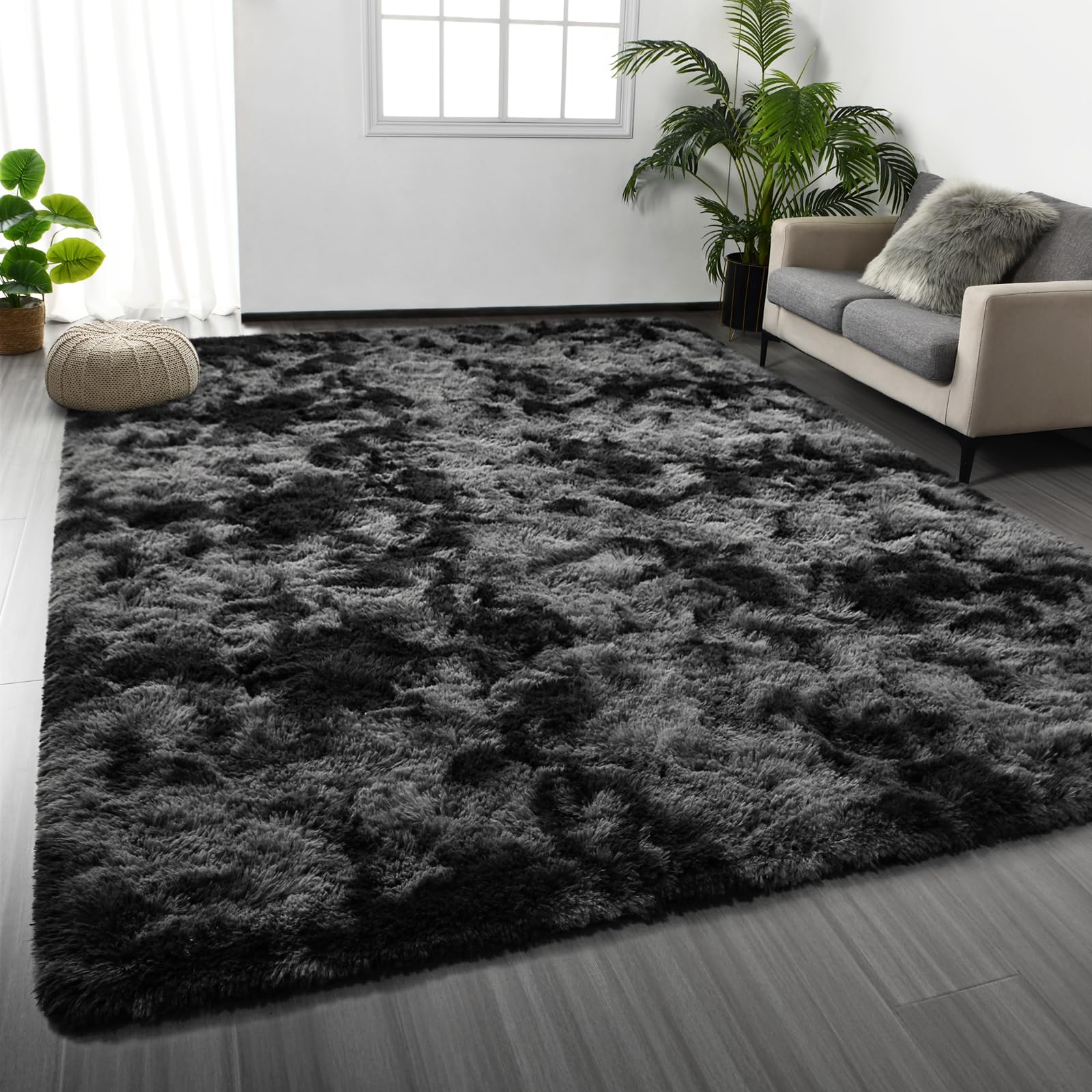 Large Shag Area Rugs 6 x 9, Tie-Dyed Plush Fuzzy Rug for Living Room, Ultra Soft Fluffy Furry Rugs for Bedroom, Indoor Carpet Nursery Rugs for Kids Room Home Decor, Light Grey