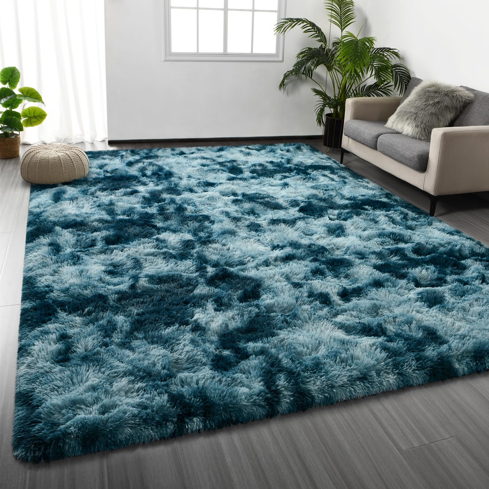 Large Shag Area Rugs 6 x 9, Tie-Dyed Plush Fuzzy Rug for Living Room, Ultra Soft Fluffy Furry Rugs for Bedroom, Indoor Carpet Nursery Rugs for Kids Room Home Decor, Light Grey