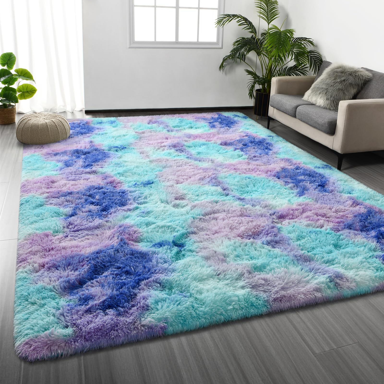 Large Shag Area Rugs 6 x 9, Tie-Dyed Plush Fuzzy Rug for Living Room, Ultra Soft Fluffy Furry Rugs for Bedroom, Indoor Carpet Nursery Rugs for Kids Room Home Decor, Light Grey