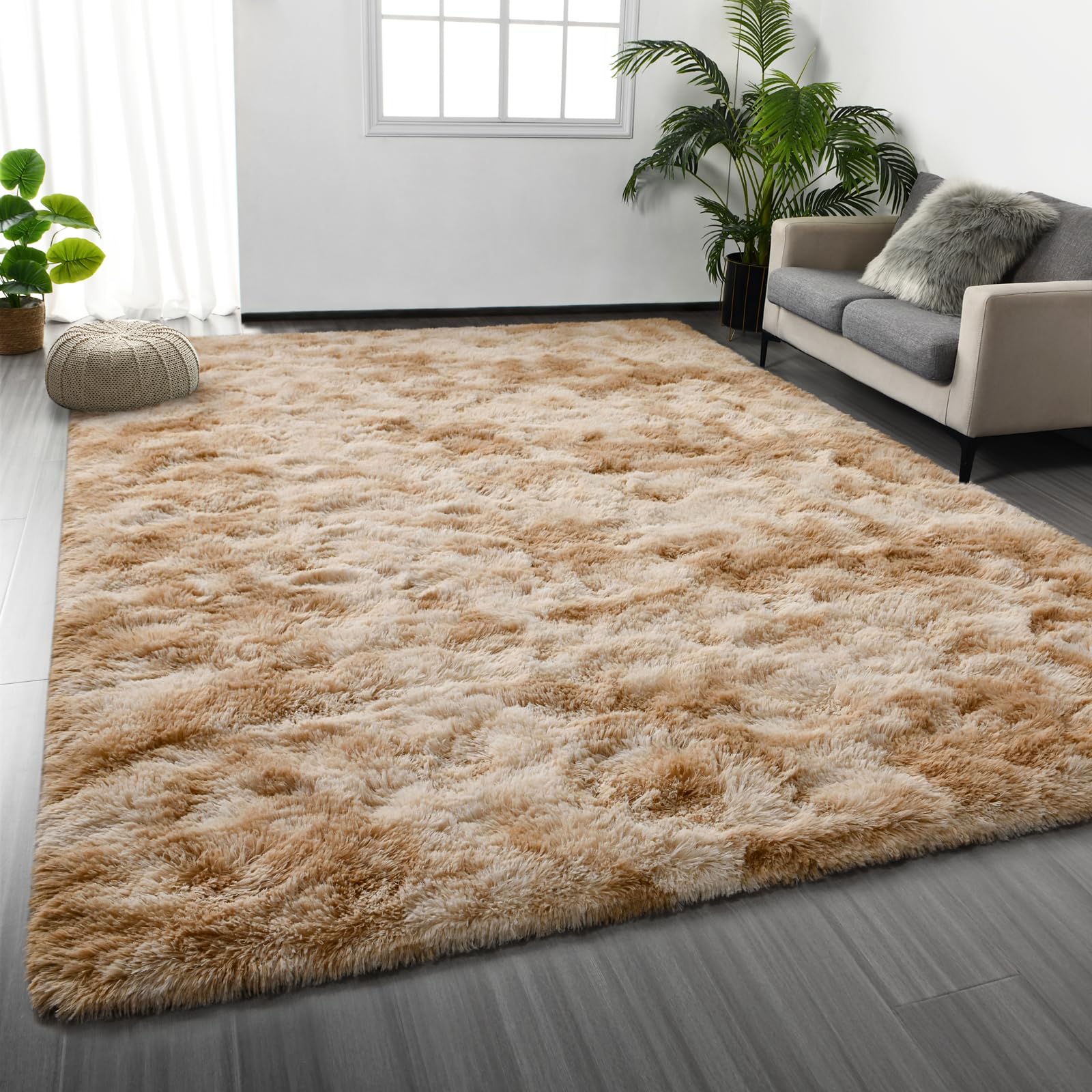 Large Shag Area Rugs 6 x 9, Tie-Dyed Plush Fuzzy Rug for Living Room, Ultra Soft Fluffy Furry Rugs for Bedroom, Indoor Carpet Nursery Rugs for Kids Room Home Decor, Light Grey