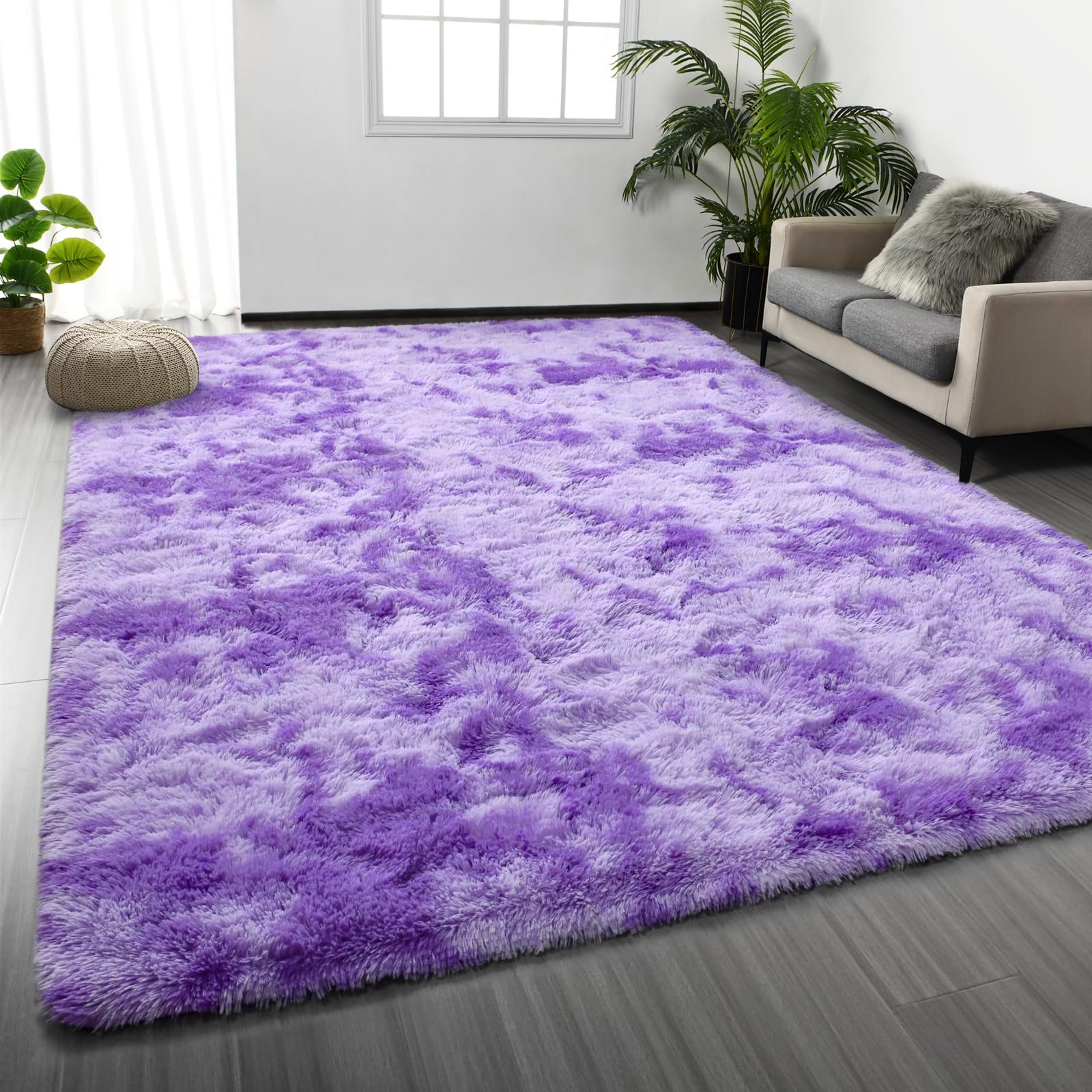 Large Shag Area Rugs 6 x 9, Tie-Dyed Plush Fuzzy Rug for Living Room, Ultra Soft Fluffy Furry Rugs for Bedroom, Indoor Carpet Nursery Rugs for Kids Room Home Decor, Light Grey