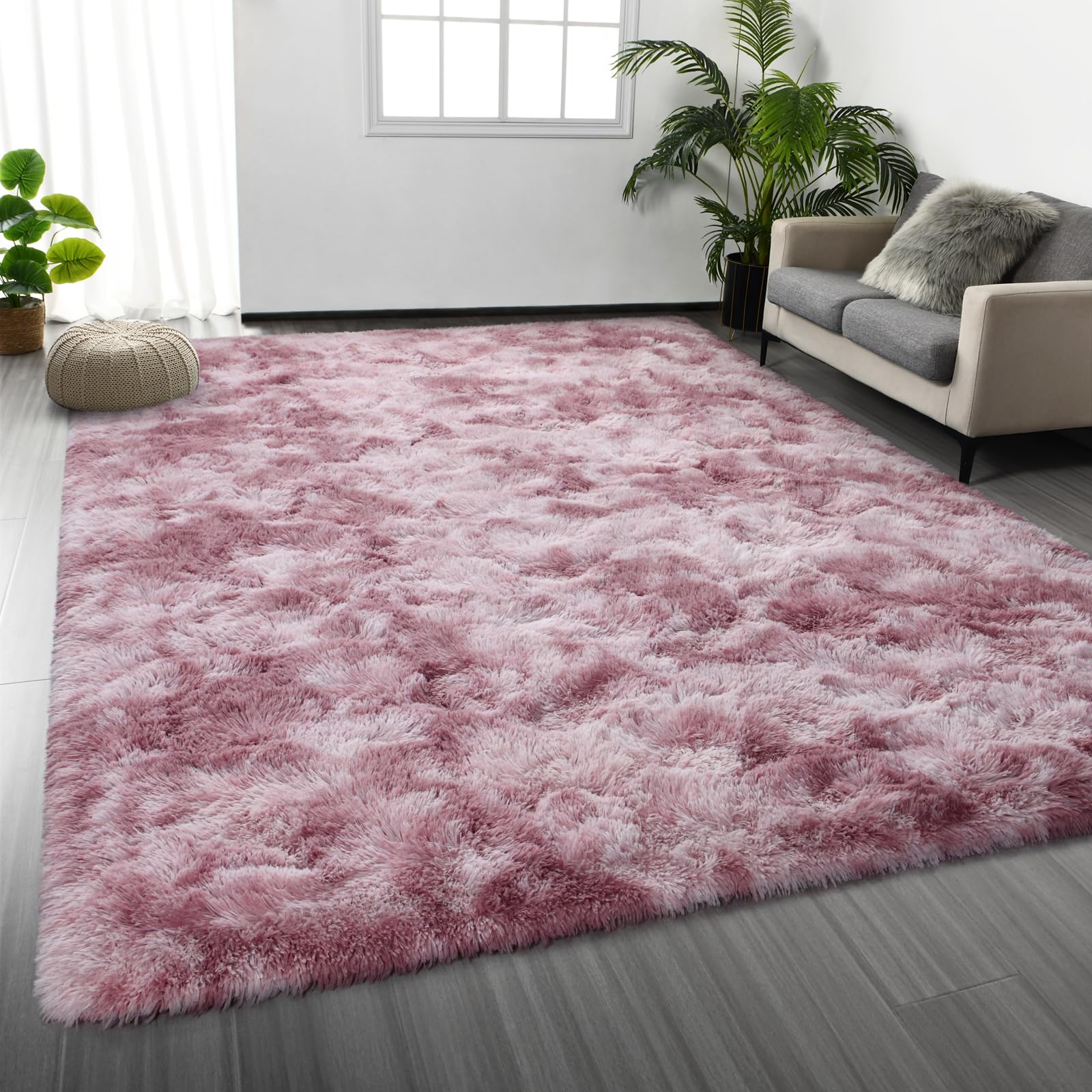 Large Shag Area Rugs 6 x 9, Tie-Dyed Plush Fuzzy Rug for Living Room, Ultra Soft Fluffy Furry Rugs for Bedroom, Indoor Carpet Nursery Rugs for Kids Room Home Decor, Light Grey
